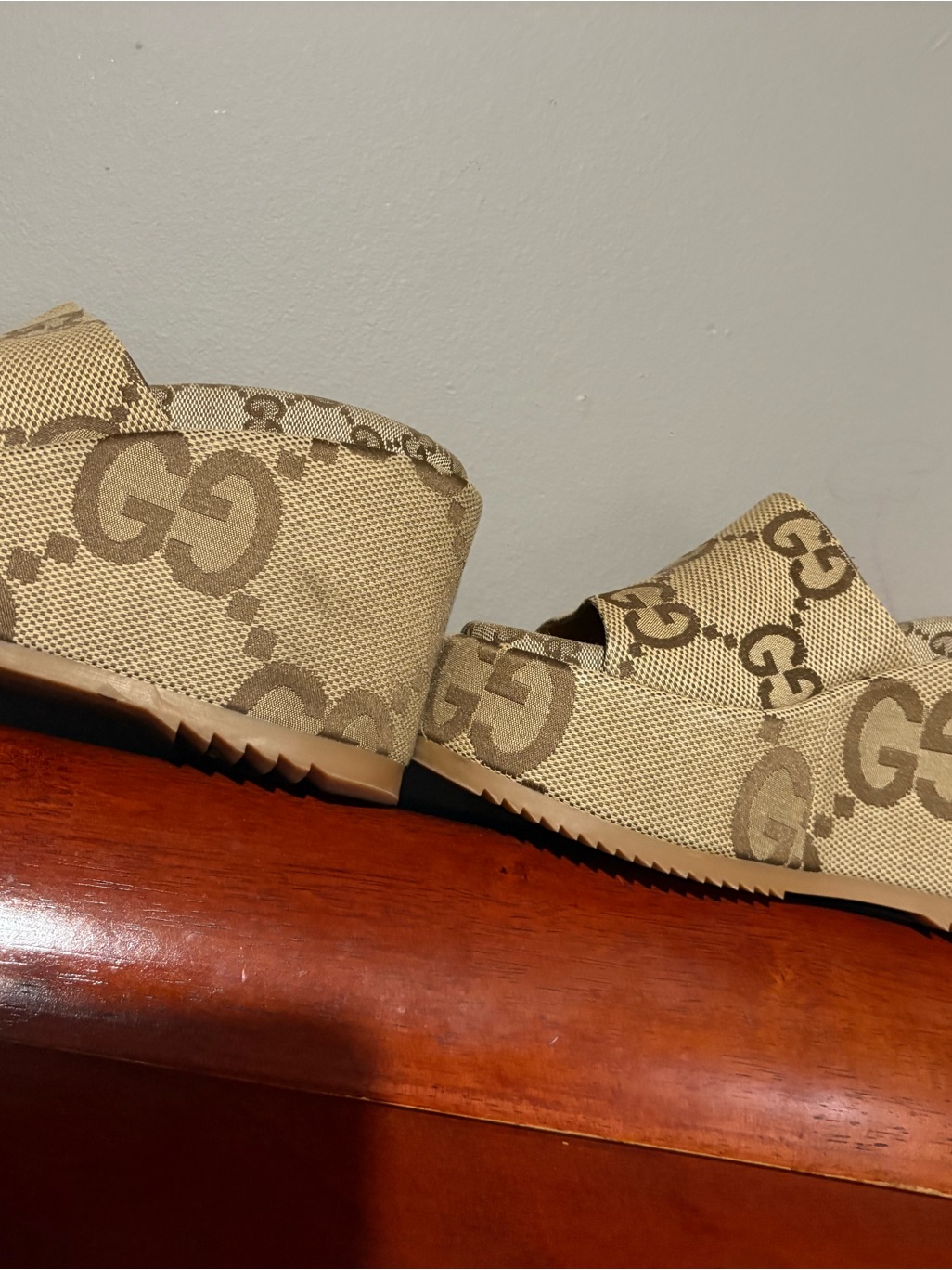 Gucci Tan Gg Canvas Platform Slide Sandals